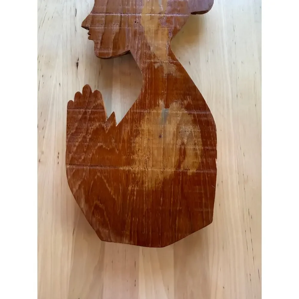 MCM VINTAGE Thai Teak Wood Carving Praying Woman Wai Wall Plaque Art Decor